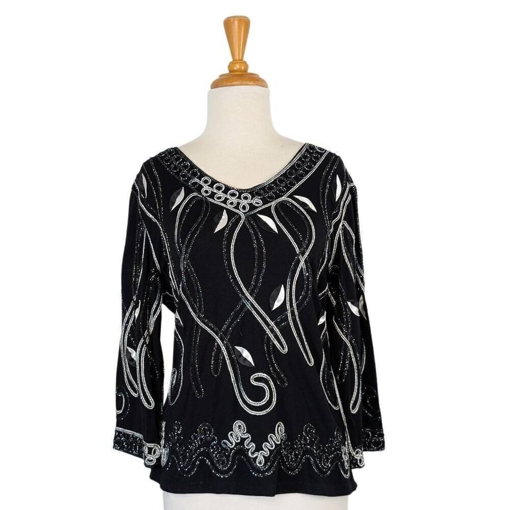 Once Again M Black Silver Top Embellished Art To Wear Evening Boho Festival VTG